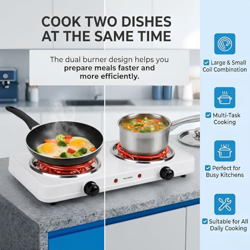 Image of Wellberg 2000W Double Burner Electric Cooking Stove with Fast Heating Coils, Temperature Control Switch and Portable Design for Daily Kitchen Cooking