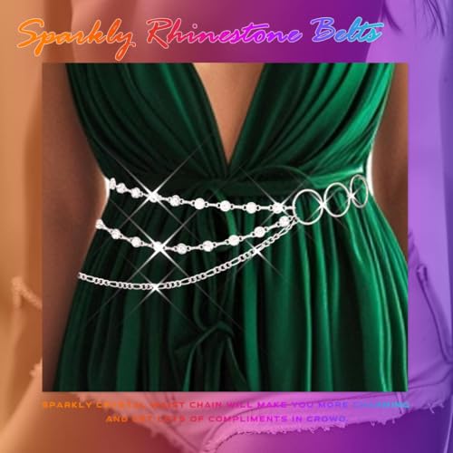 COSYDAYS Silver Rhinestone Chain Belts Sparkly Crystal Waist Chains Layered Fashion Belly Body Jewelry Accessories for Women3