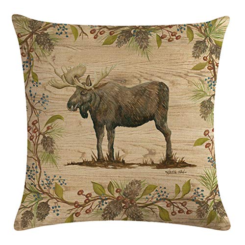 Decroitem Retro Vintage Background Wildlife Elk Moose Bear Deer Pine Tree Forest Mountain Throw Pillow Covers Cotton Linen Pillowcase Cushion Cover Christmas Home Decor 18" X 18" Set Of 4 (Animals 7) #TOP1