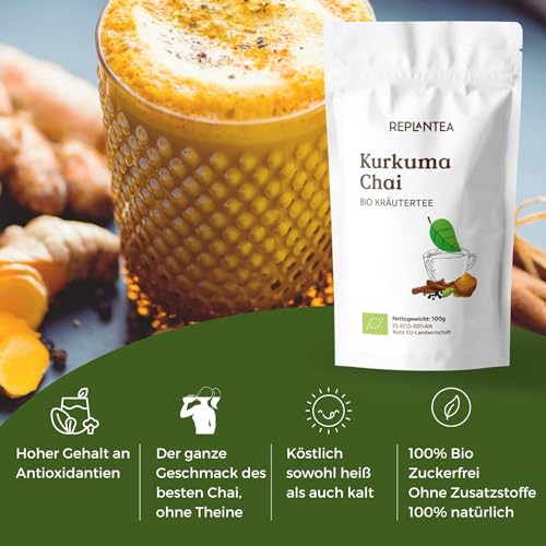 Kurkuma Chai Tee BIO 100g (50 Tassen) | Ayurvedischer Tee mit Kurkuma, Ingwer, Süßholz, Zimt, Apfel und Kakao REPLANTEA