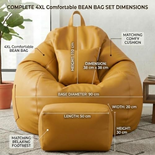 Image of KAM'S LIEU 5XL Luxury Faux Leather Bean Bag with Footrest & Cushion | Pre-Filled High-Density Polystyrene Beans | Premium Leatherette | 6 Months Warranty Color- (Yellow, with Footrest)