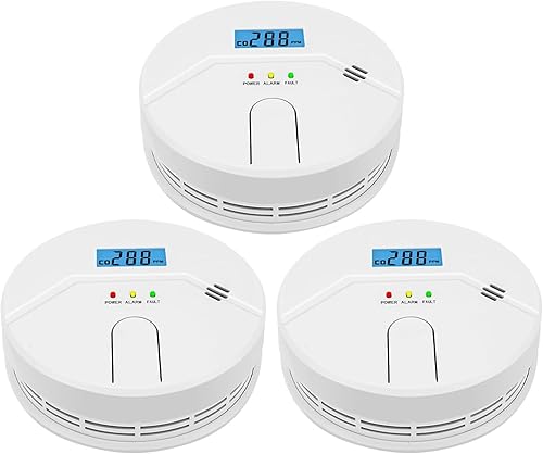 Paquete de 3 detectores de monóxido de carbono, funciona con pilas, alarma de humo y CO 2 en 1 con pantalla digital LCD, detector de monóxido de