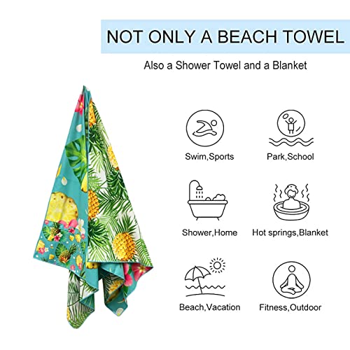 Microfiber Lightweight Beach Towel With Zipper Pocket, Fast Dry Super Absorbent Beach Towels For Adults And Kids (Green Pineapple Beach Towel) #TOP4