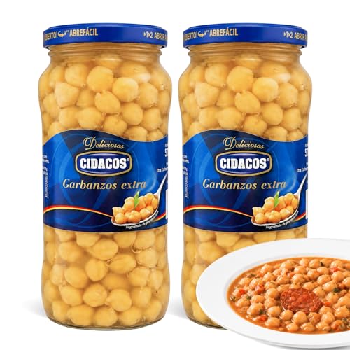 Garbanzos cocidos Extra, Ideal como guarnición, plato principal o en ensaladas, Conservar en lugar fresco y seco, Peso neto 570 g, Peso escurrido 400 gr, Formato tarro de cristal, 2 Unidades