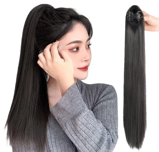 Long Hair Extension 30 Inch for Women Korean Style Clutcher Ponytail Hairpiece Fancy Synthetic Clip Black 1 Free Size-image-27