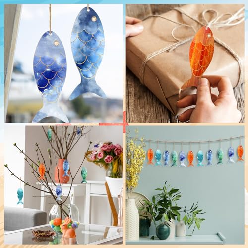 Gerrii 72 Pieces Wood Fish Cutouts Christmas Unfinished Wooden Cutouts with Holes Blank Wooden Hanging Ornaments Slices with Twine for Xmas DIY Crafts Party Decorations - Thumbnail 5