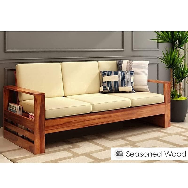 Streema art 5 Seater Sheesham Sofa Set for Living Room (3+1+1) Teak Finish | Wooden Sofa Sets for Home (Natural) 1