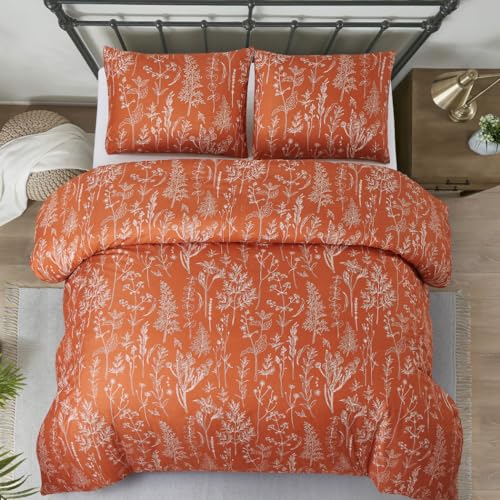 Image of Lekesky Floral Duvet Cover Queen Size, Burnt Orange Queen Duvet Cover Plant Flowers Pattern Bedding Set for All Season, Soft Breathable Duvet Cover with Zipper Closure & Corner Ties