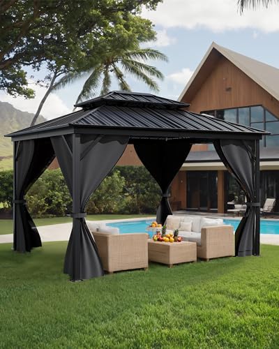 10x14 Ft Hardtop Gazebos with Heavy Duty Double Roof, Nettings and Curtains Galvanized Steel Outdoor Gazebos for Patio, Backyard, Deck, Lawn (Grey)