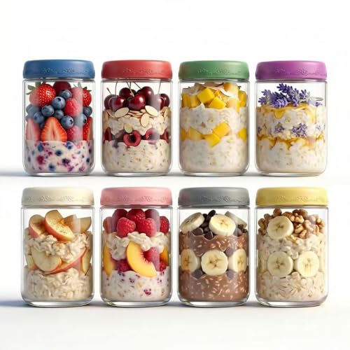DicraoLea 18oz 8Pack Glass Overnight Oats Jars Containers with Airtight Leakproof Lids, Reusable Mason Jars for Meal Prep, Yogurt Parfaits, Smoothies, Salads & Healthy Breakfasts(18oz-8Pack)