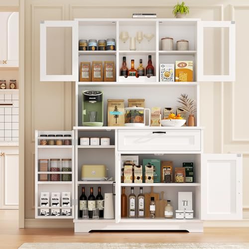 Vongrasig Kitchen Pantry Cabinet, Farmhouse Kitchen Hutch Tall Storage Cabinet with Doors and Shelves, Modern Food Pantry for Dining Room, White - Thumbnail 3