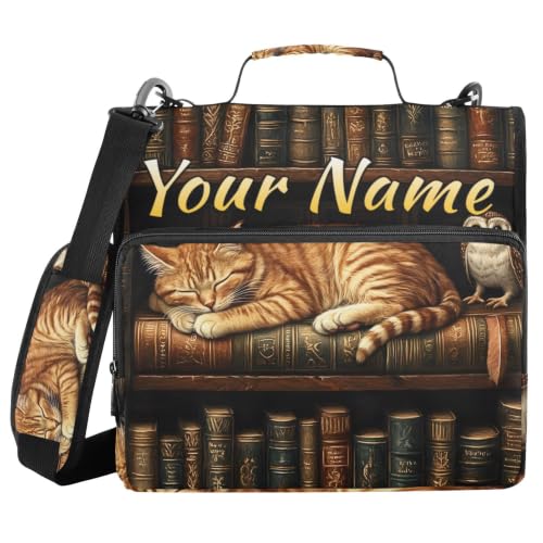 Image of Custom 3 Ring Zipper Binder Funny Cat Owl Personalized Name 1.5 Inch Binders Large Capacity Multi Pockets for School Office Supplies