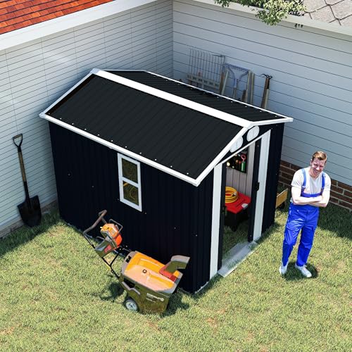 Image of KEIKI 8x6 FT Outdoor Storage Shed, Heavy Duty Metal Garden Shed with Lockable Sliding Doors, Air Vents & Sloped Roof, Waterproof Backyard Tool Shed for Lawn Equipment, Patio Furniture, Dark Gray