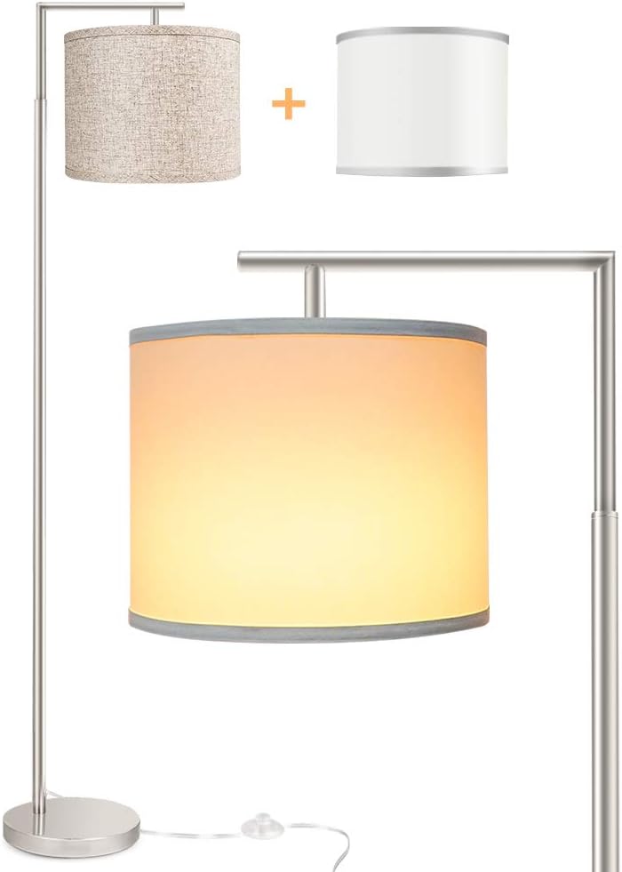 Floor Lamp for Living Room, LED Modern Montage Floor Light, Standing Tall Pole Lamp with 2 Hanging Lamp Shades (White/Flaxen), Mid Century Floor Reading Lamp with 9W 3000K LED Bulb for Bedroom Study
