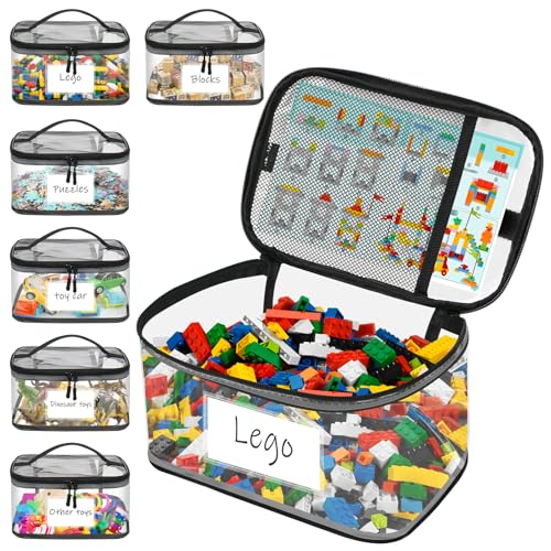 yazi レゴ収納バッグ 透明おもちゃオーガナイザー ファスナー付き 玩具収納ボックス ラベルと説明ポケット付き 再利用可能 防水 子供のおもちゃオーガナイザー ボードゲーム・ブロック・パズル分類整理簡単 小物入れケース 6個セット (L-6個)