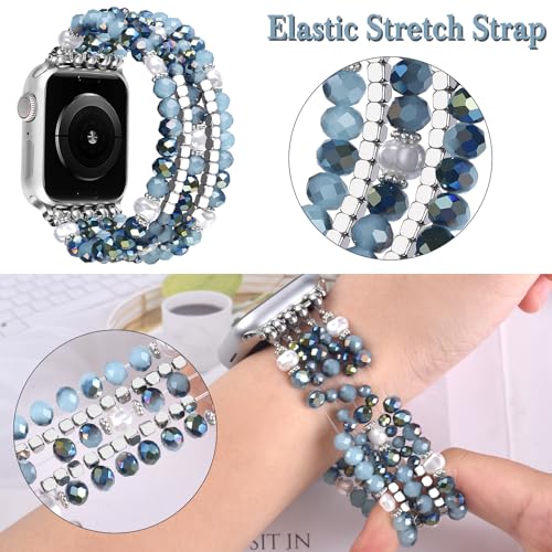 Image of MOFREE Beaded Bracelet Compatible for Apple Watch Band 45mm /44mm /42mm Women, Fashion Handmade Pearl Beads Elastic Stretch Strap for iWatch Series 10 /9 /8 /7 /SE /6 /5 /4 /3 /2 /1 Bue
