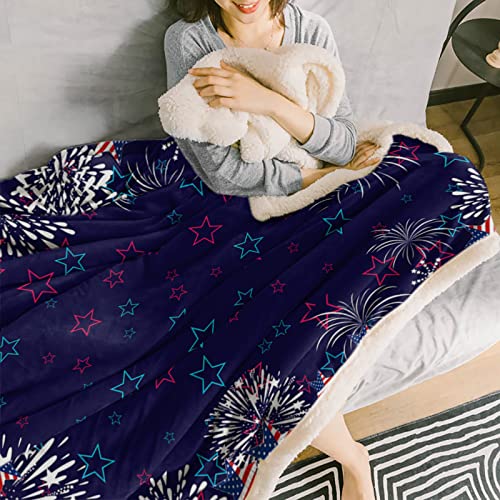 Independence Day Sherpa Fleece Throw Blanket - Patriotic And Firework On Blue Background Fluffy Super Soft Microfiber Blanket Fuzzy Blanket For Couch Bed Sofa 60 X 80 Inches #TOP4