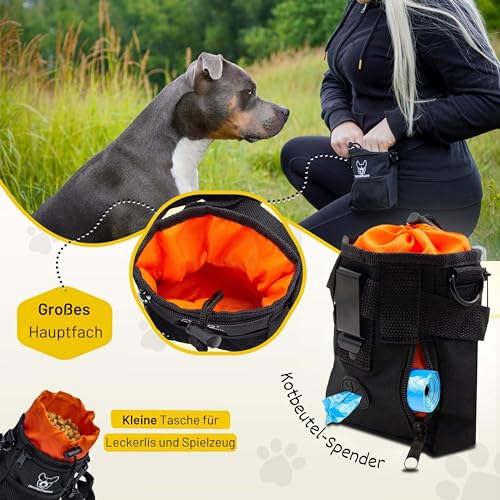 Hundefreund Leckerlibeutel für Hunde – Kleiner Futterbeutel fürs Hundetraining mit 4 Tragevarianten & 4 Fächern – Leckerlitasche mit Kotbeutelspender, wasserabweisend (14 x 11 x 4 cm)