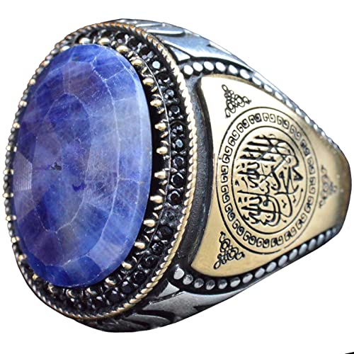 KAMBO Bague pour homme en véritable saphir naturel, bague en argent sterling 925, 15,90 carats, bague pour homme, bague islamique, bijoux en argent, pierre...