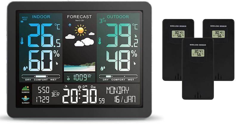 Weather Thermometer,Multifunction Station Alarm Clock Color Sn Sunrise and Sunset Thermometer Hygrometer with Wireless Outdoor Sensor,with 2 Black Sensor-1
