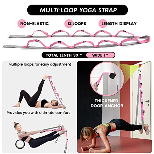 1/3 Yoga Mat Thick, Yoga Set For Beginners Include High Density Pink Yoga Mat With Multi-Loops Yoga Strap, Yoga Blocks, Booty Resistance Band Set, Door Anchor, Carring Bag & Strap #TOP6