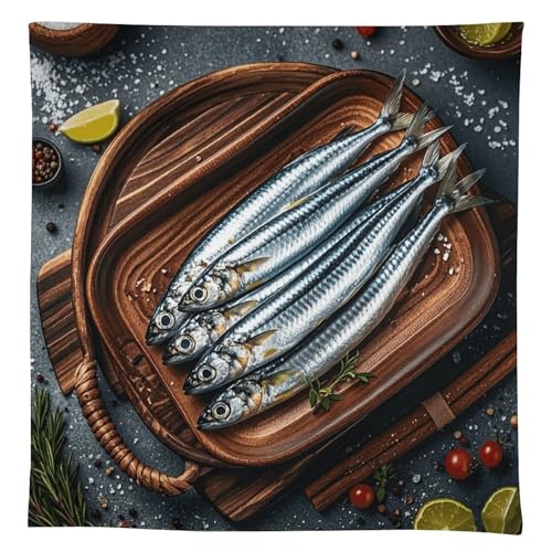 Nappe de table en lin durable lavable au motif sardines élégant