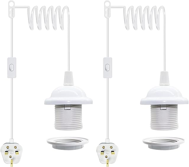 Plug in Pendant Light Cord, 2 Pack E27 Pendant Light Fitting with Plug, 450 cm Extension Cable Hanging Light, Plug in Pendant Light Socket Kit, for Patio Garage Outdoor Picnic Lighting (No Bulb)