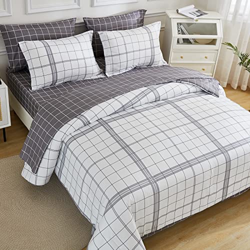 Image of EMME Queen Comforter Set - 7-Piece Bed in a Bag for All Seaon, Ultra Soft Bedding Set with Comforter, Flat Sheet, Fitted Sheet, Pillowcase, Pillow Sham (Plaid-White, Full /Queen)