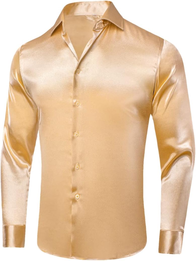 Mens Satin Dress Shirts Long Sleeve Silk Wedding Business Shirt