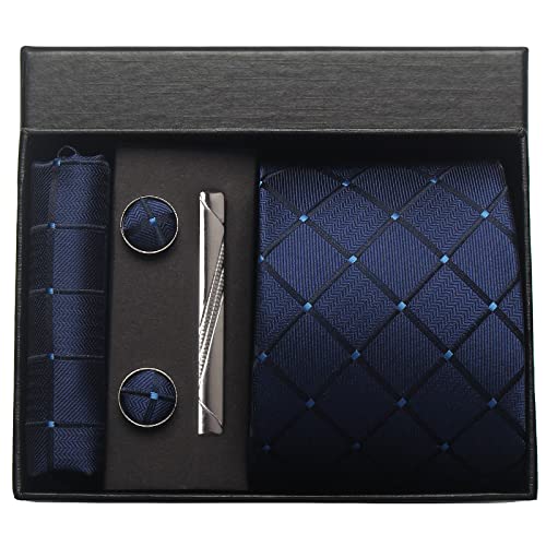Image of Striped Plaid Polka Dot Mens Tie Formal Necktie Pocket Squares Ties Clips Cufflinks Classic for Men Set