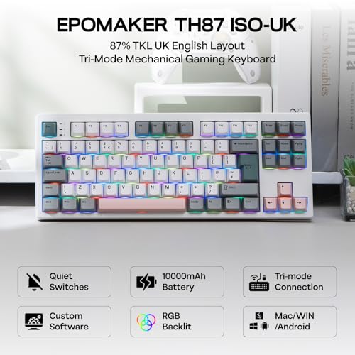 EPOMAKER TH87 Wireless Mechanical Keyboard with 10000mAh Battery, BT/2.4GHz/Wired, Hot Swap, PBT Keycap, RGB Backlit, TKL Gaming Keyboard, UK ISO Layout (White, Sea Salt Silent)
