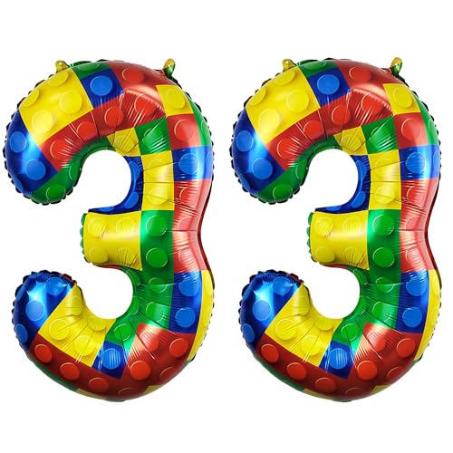Image of 32 Inch Building Block Number 33 Balloons birthday Block Themed Large Big Helium Foil Mylar Balloon for Girls Boys Birthday Party Decoration Supplies