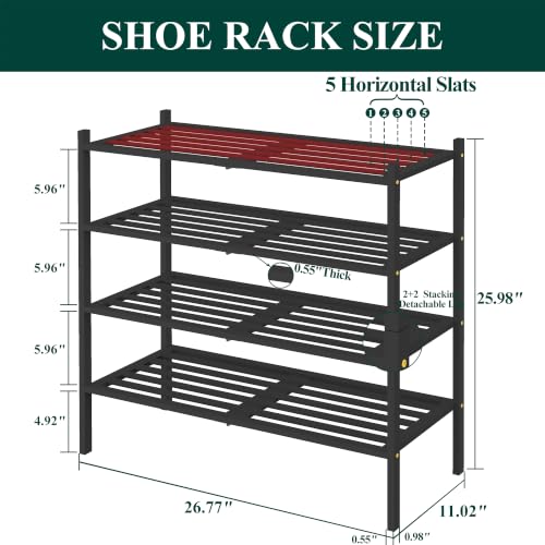 Image of Smiry Bamboo Shoe Rack, 5 Horizontal Slats, 4 Tier - 26.8 inch Wide, Black