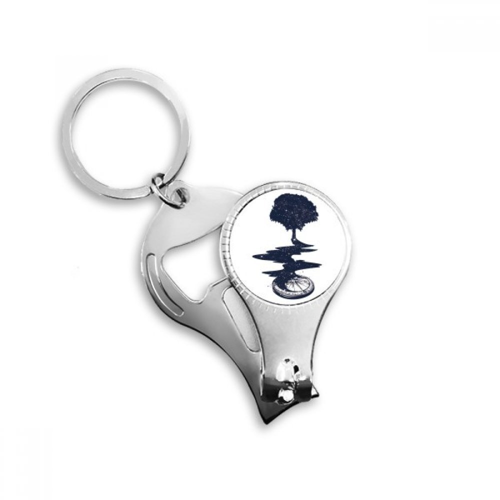 Anneau porte-clés boussole avec coupe-ongles et décapsuleur en acier motif arbre