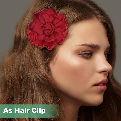 Image of M METERXITY Rose Flower Brooches and Pins for Women, Lapel Pins Dainty Satin Fabric Big Camellia Hair Flowers Clips for Wedding /Parties /Clothes /Jewelry