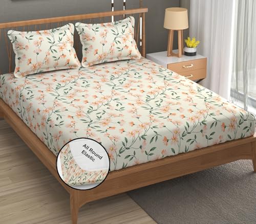 Image of FRESH FROM LOOM King Size Microfiber Floral Print Fitted Bedsheet - 240 TC, Hypoallergenic, Includes 2 Pillow Covers (Size - 78 x 72 Inches (Fits up to 10 Inch) | Barely-Peach)