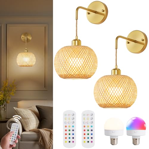 Image of Vitnucrol Gold Battery Operated Wall Sconces Set of 2 with Remote, Rechargeable Rattan Battery Powered Wall Lights/Lamps, Wireless Boho Lighting Fixtures for Bedroom Farmhouse, 15 Colors Dimmable