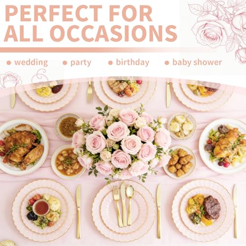175pcs Pink Plastic Plates for Party, Scalloped Pink Disposable Plates with Gold Rim Elegant 25 Dinner, 25 Dessert Plate, 25Cups, 25 Napkins, 75 Gold Silverware for Baby Shower/Birthday/Weddings — view 6