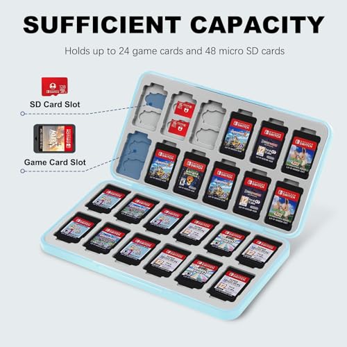 Image of FYY Nintendo Switch Game Case Holder for Switch 2 Cartridge Case with 24 Game Card Slots & 48 Micro SD Card Slots, Hard Shell, Silicone Lining Light Blue