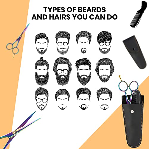 Hb Dot - Professional Mustache Scissors, 5 Inches Multi Color Mustache Beard Scissors, German Stainless Steel Beard Scissors For Men With Case, 2 Combs And 3D Rubber Keychain. #TOP5
