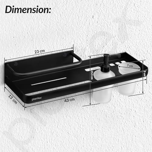 Image of Plantex 4 in 1Shelf for Bathroom /Aluminium Bathroom Shelf Rack /Self Adhesive Bathroom Shelf /Liquid Soap Dispenser /Tooth Brush Holder /Towel Hanger Space /Bathroom Accessories Set-(Pack-1, Black)
