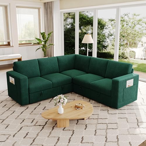 Image of 83.5 inch Corduroy Sectional Sleeper Sofa, Pull Out Couch with Storage, Green