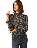 Eine langärmlige Bluse mit gekräuseltem Ausschnitt, gekleideter Taille, gekräuseltem Saum und leicht geraffter Vorderseite.