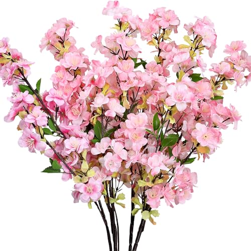 Scawim 6Pcs Pink Artificial Cherry Blossom Branches for Home Decor 27’’ Faux Silk Long Stem Flowers for Spring Dining Wedding Party Decoration Indoor Table Centerpieces