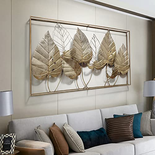 VELOMY Decoracion Pared Metal Hojas Doradas, 3D Grande Esculturas de Pared de Hierro Forjado, Adornos Pared Metalicos, Cuadros Decorativos de Metal Modernos, Regalo de Inauguración