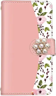 スマ通 らくらくスマートフォン F-52B 対応 ケース 手帳型 スマートフォンケース カード収納 (花デコ) 花柄 ラインストーン スタンド付き ストラップホール 耐衝撃 (G-フラミンゴ) vc-079-deco