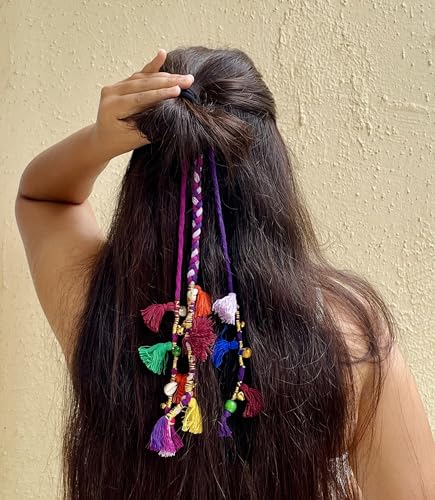 Image of Zippy Flora Boho Handmade Colorful Hair Strings for Navratri /Ethnic Look /Bohemian Styling, Colorful Braided Hairband, Thread Hair Accessories & Extensions (Shoulder Length (12-14 inch), Purple)