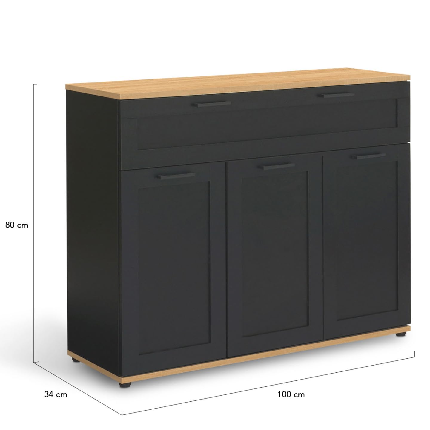 IDMarket - Buffet 100 cm VITO 3 Portes et 1 tiroir Noir et Plateau Bois