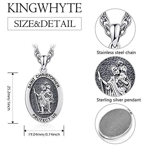 Kingwhyte St Christopher Necklace Mens Womens 925 Sterling Silver Oval St. Christopher Medal Protection Necklace With Stainless Steel Chain 20"+2" #TOP1