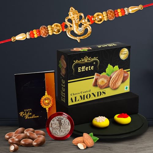Image of DeoDap Multicolor Idol Ganesh Rakhi Combo with Chocolate Almonds 32gm, Silver Color Pooja Coin, Roli Chawal & Greeting Card, Raksha Bandhan Occasion with Gift Combo for Brother (K1 522 CA32)